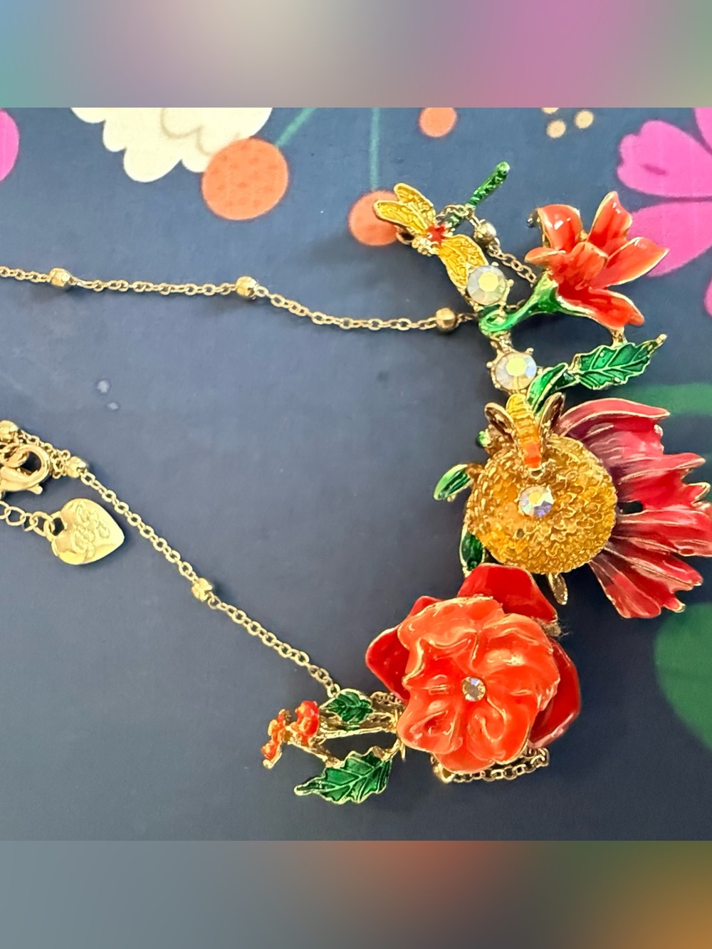 Betsey Johnson Gold Floral Statement Necklace with Red Enamel Flowers